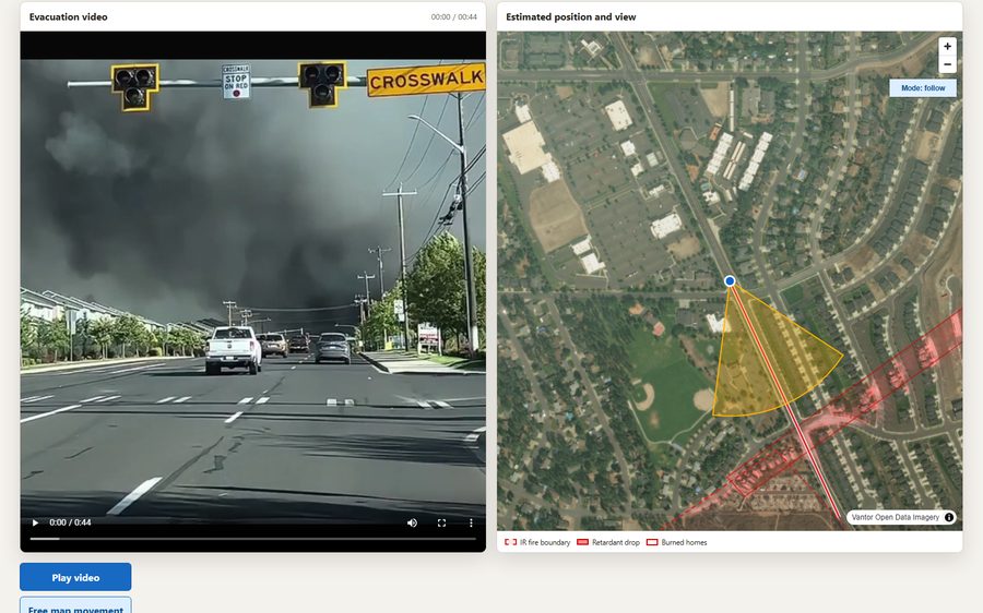 Spokane evacuation video beside a synchronized satellite map