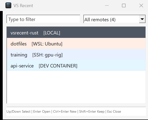 VS Recent running in the Windows light theme